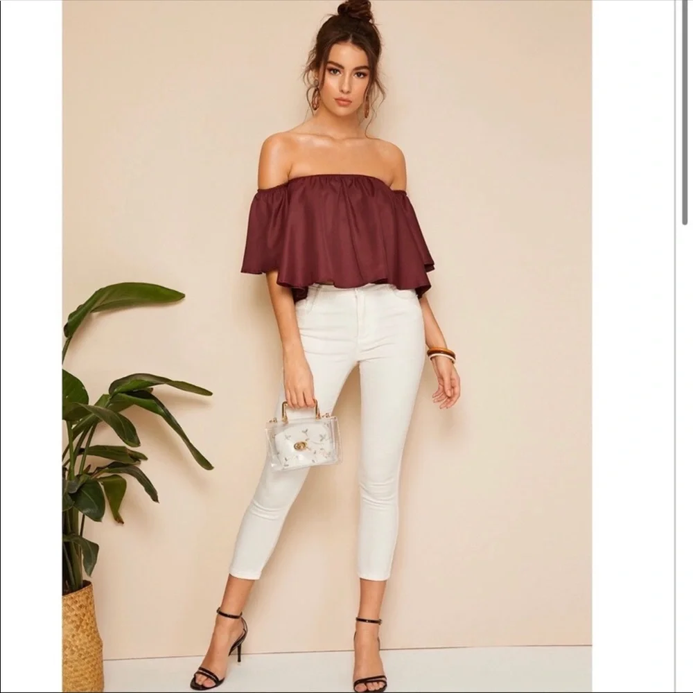 NEW Burgundy Shirred Off the Shoulder Top - Picture 4 of 5